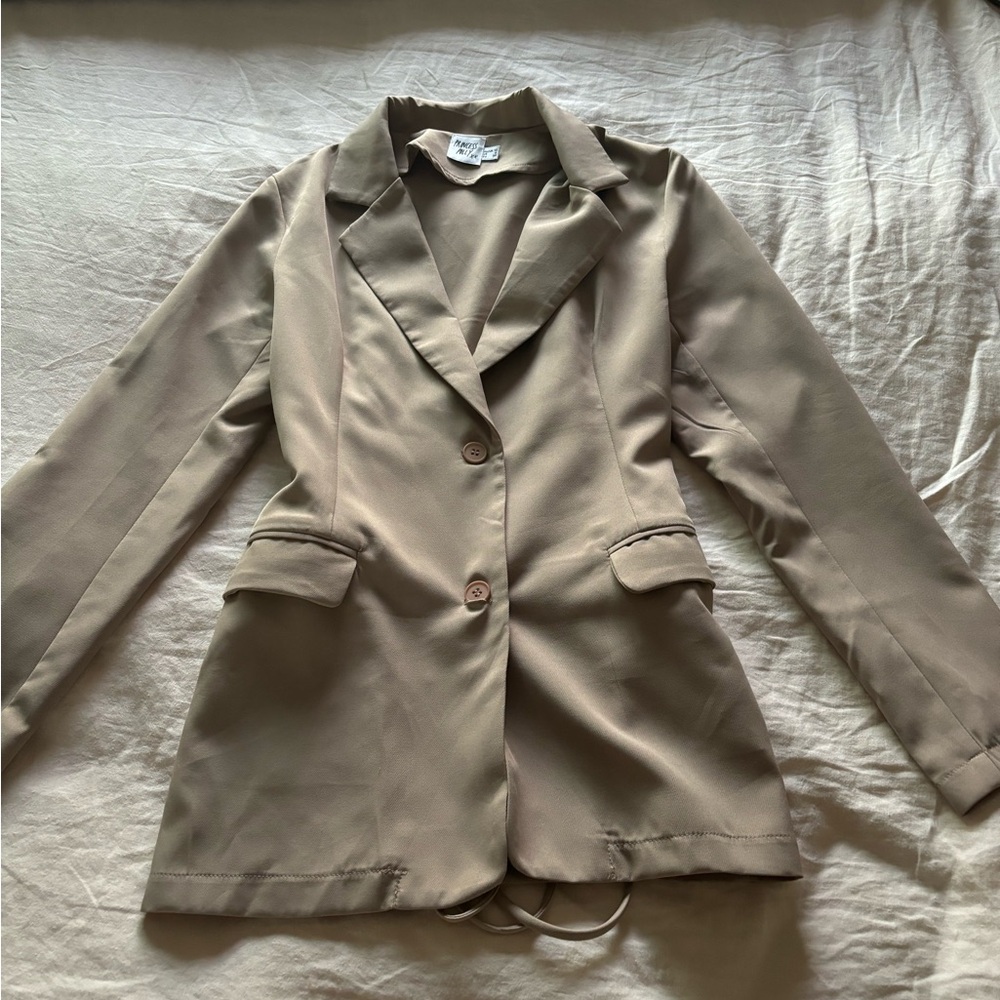 Tan blazer dress with tie back for cinched waist